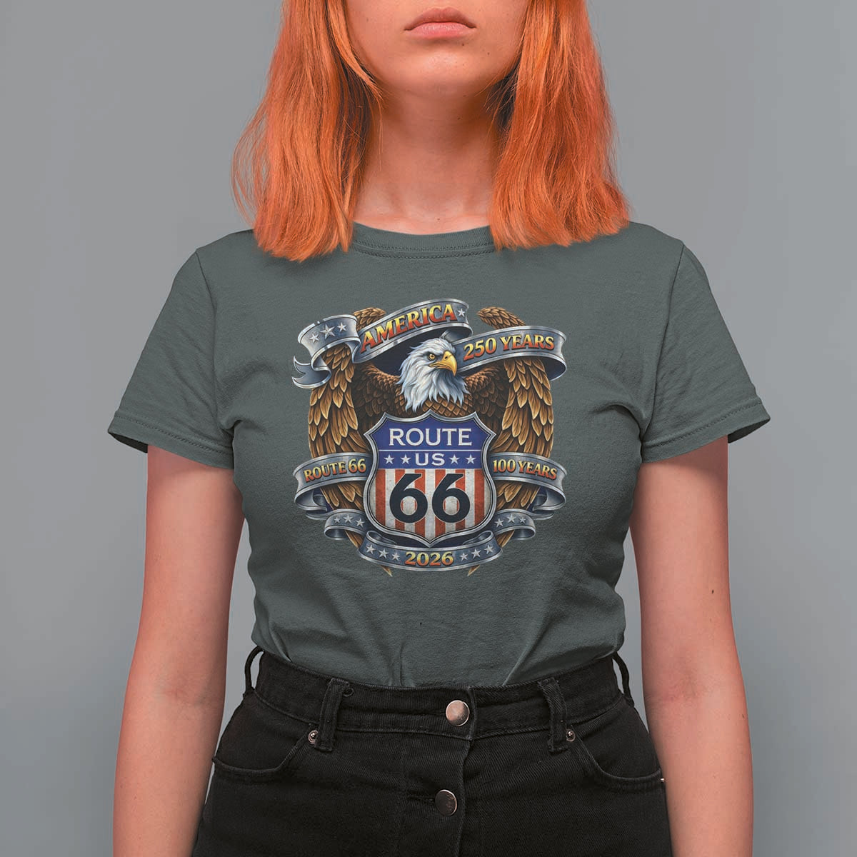 250 Years Of America 100 Years Of Route Highway 66 T Shirt For Women Bald Eagle Vintage American Flag