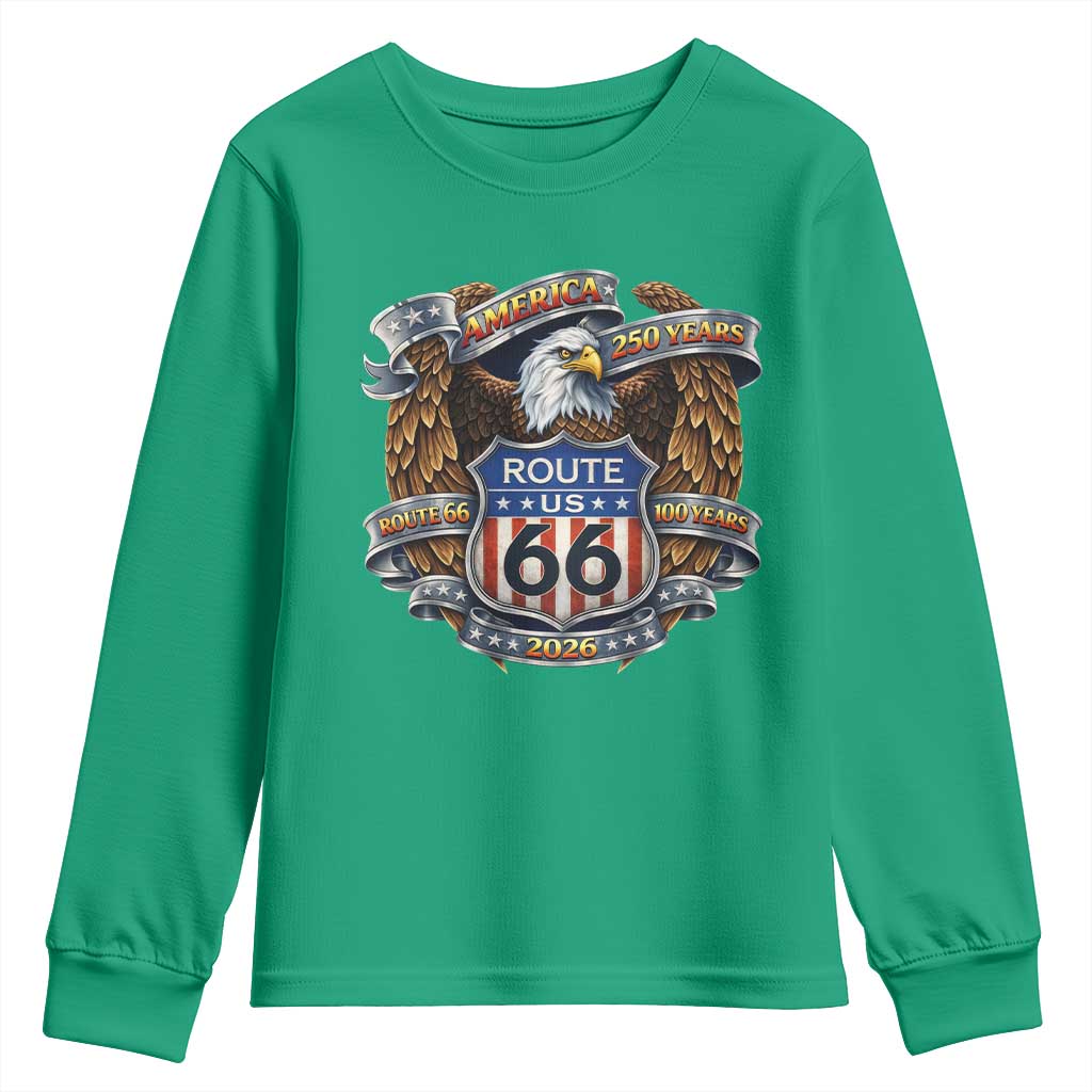 250 Years Of America 100 Years Of Route Highway 66 Youth Sweatshirt Bald Eagle Vintage American Flag