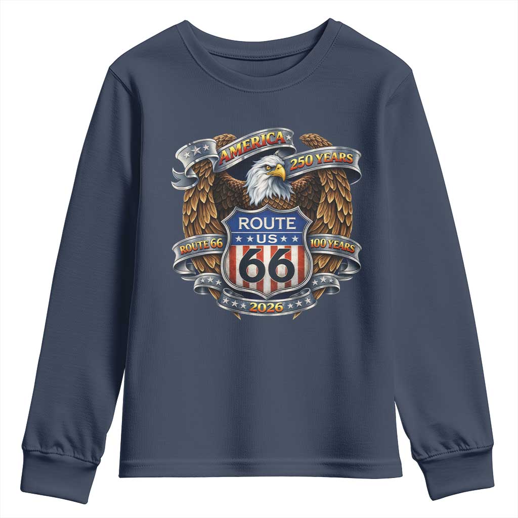 250 Years Of America 100 Years Of Route Highway 66 Youth Sweatshirt Bald Eagle Vintage American Flag