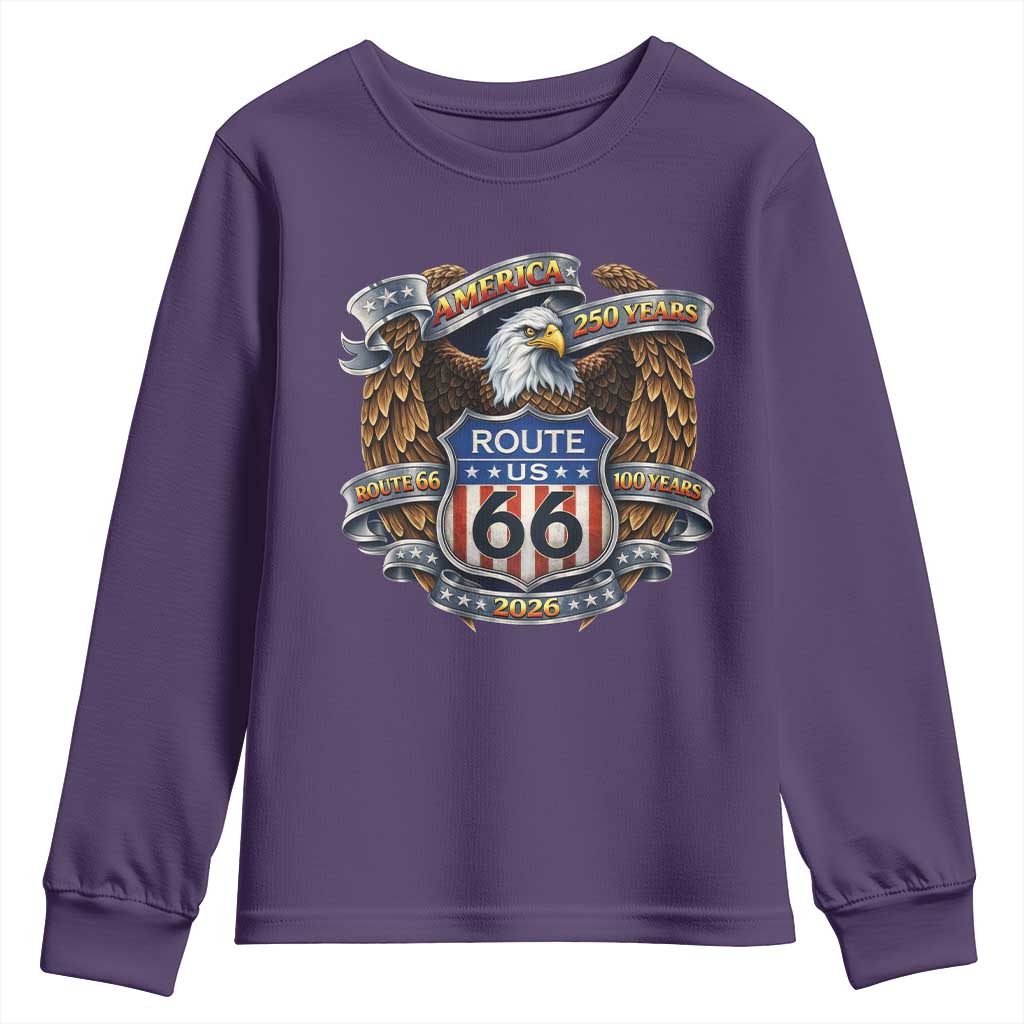 250 Years Of America 100 Years Of Route Highway 66 Youth Sweatshirt Bald Eagle Vintage American Flag
