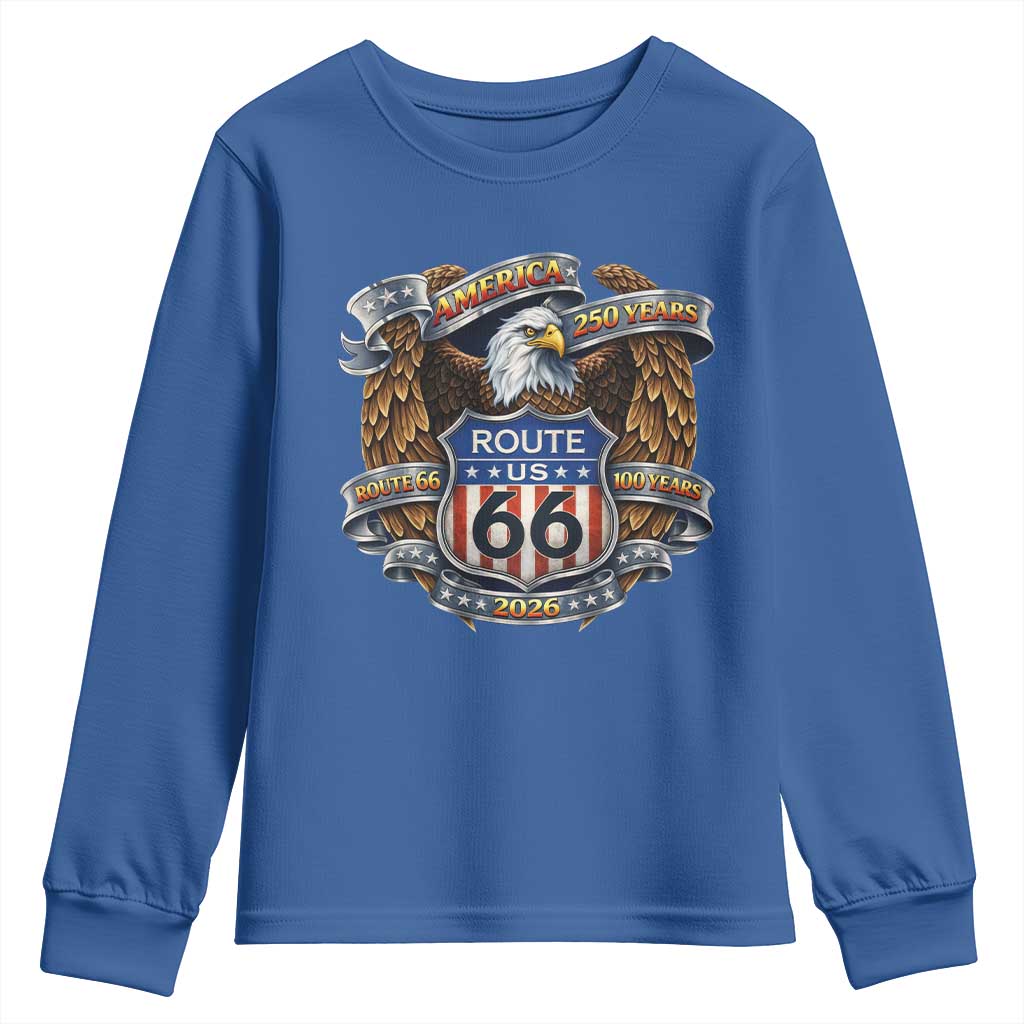 250 Years Of America 100 Years Of Route Highway 66 Youth Sweatshirt Bald Eagle Vintage American Flag