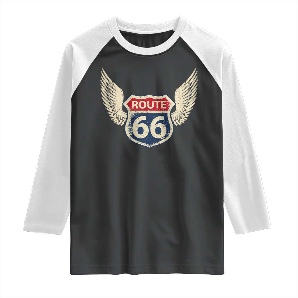 Vintage Route Highway 66 Highway Road Trip Sign Raglan Shirt