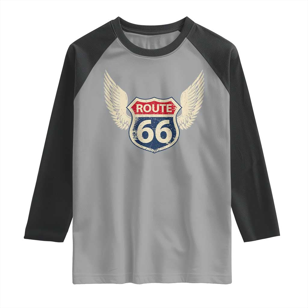 Vintage Route Highway 66 Highway Road Trip Sign Raglan Shirt