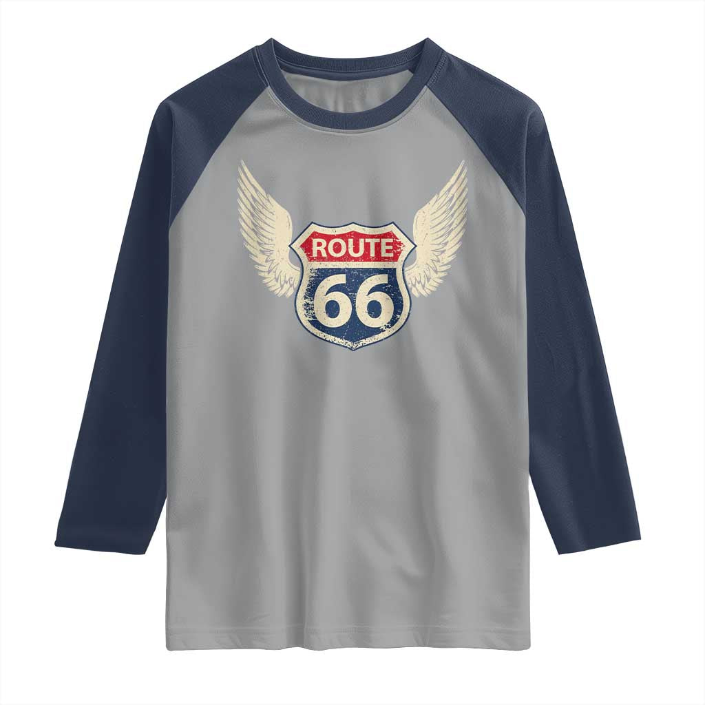 Vintage Route Highway 66 Highway Road Trip Sign Raglan Shirt