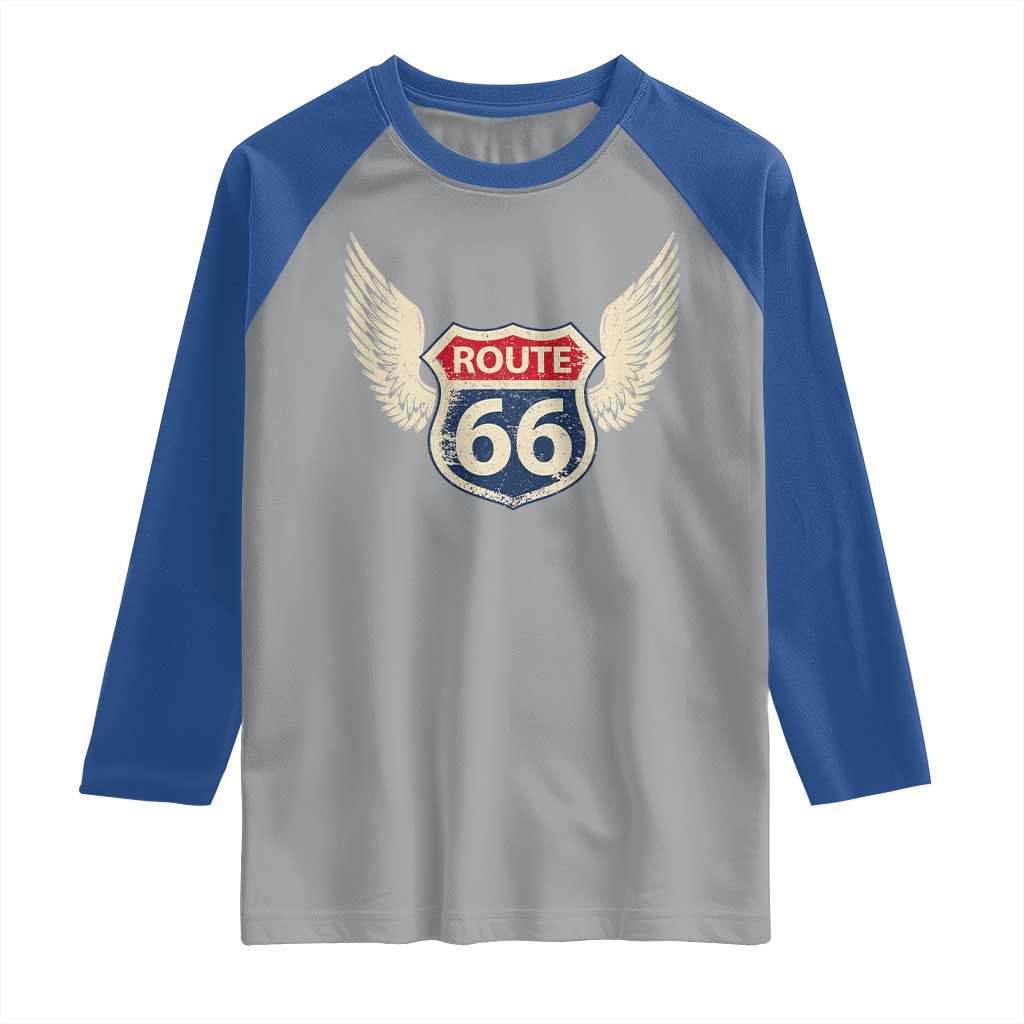 Vintage Route Highway 66 Highway Road Trip Sign Raglan Shirt