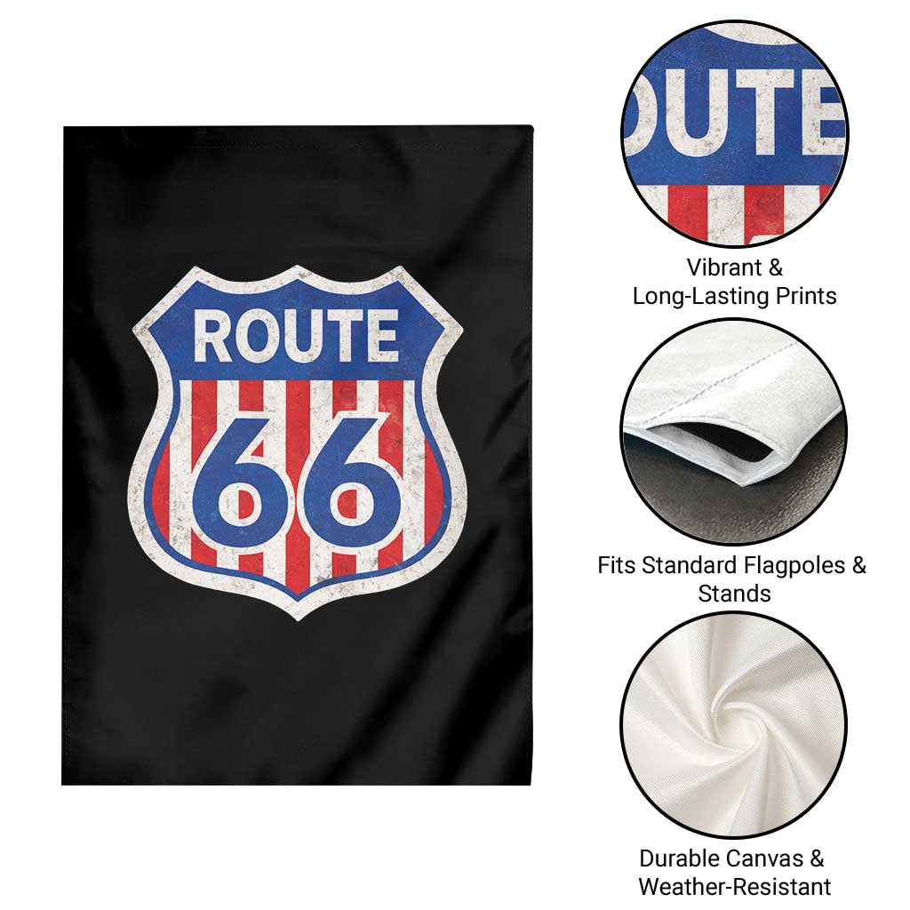 Vintage Route Highway 66 Historical Sign Distressed American Flag Road Trip Garden Flag