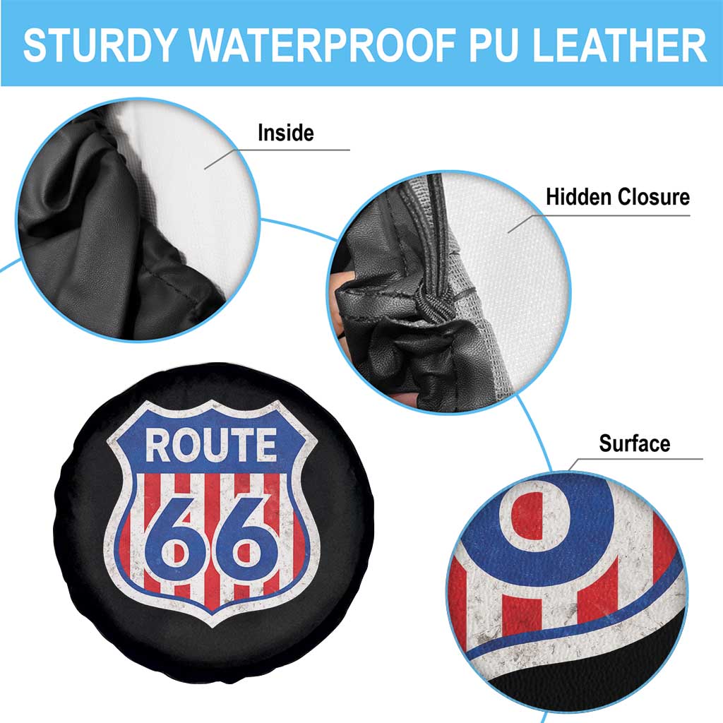 Vintage Route Highway 66 Historical Sign Distressed American Flag Road Trip Spare Tire Cover