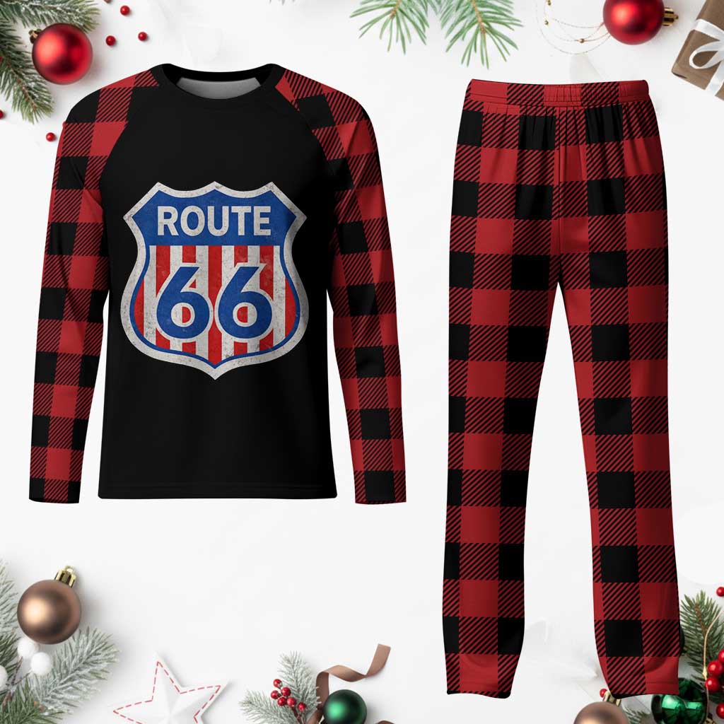 Vintage Route Highway 66 Historical Sign Distressed American Flag Road Trip Plaid Pajama Set