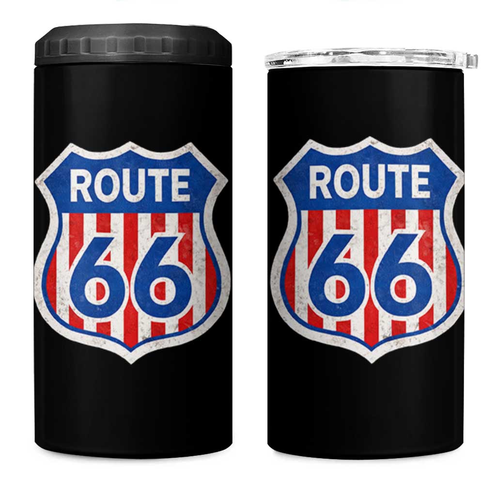 Vintage Route Highway 66 Historical Sign Distressed American Flag Road Trip 4 in 1 Can Cooler Tumbler