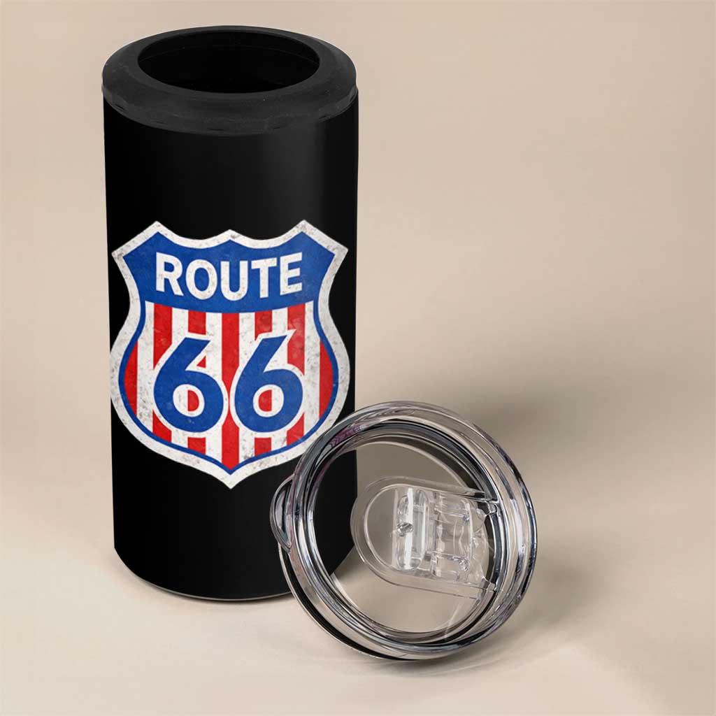 Vintage Route Highway 66 Historical Sign Distressed American Flag Road Trip 4 in 1 Can Cooler Tumbler