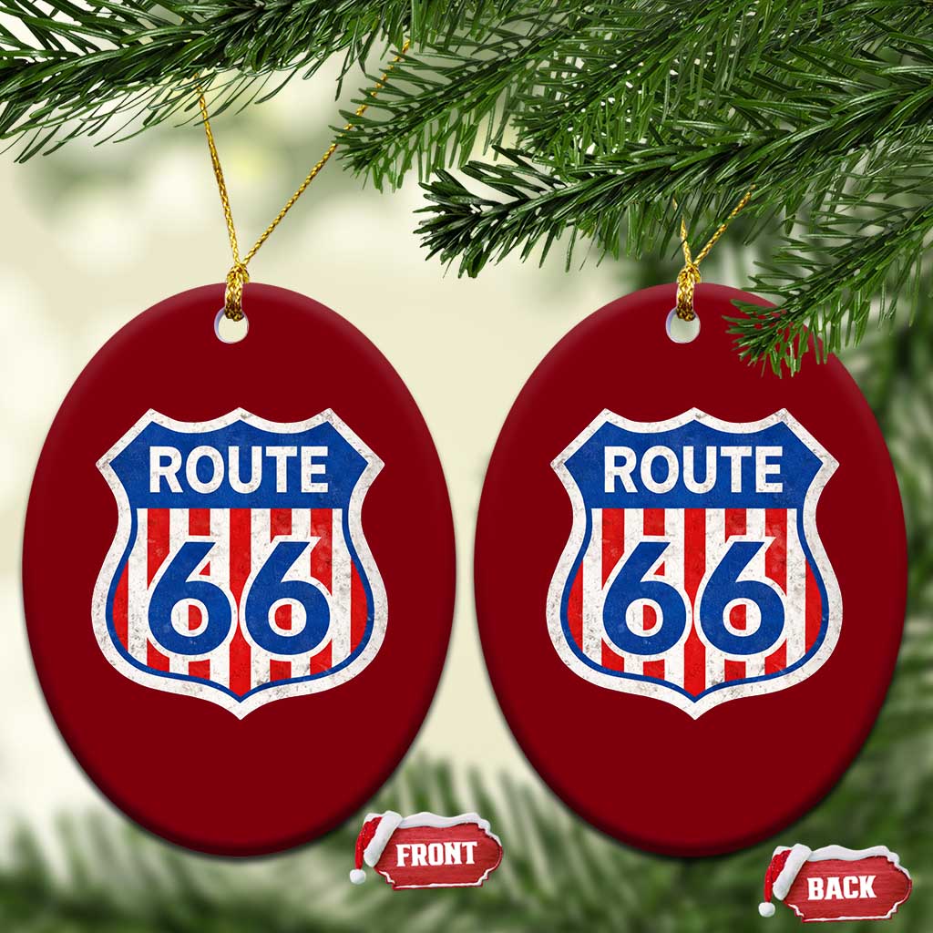 Vintage Route Highway 66 Historical Sign Distressed American Flag Road Trip Ceramic Ornament