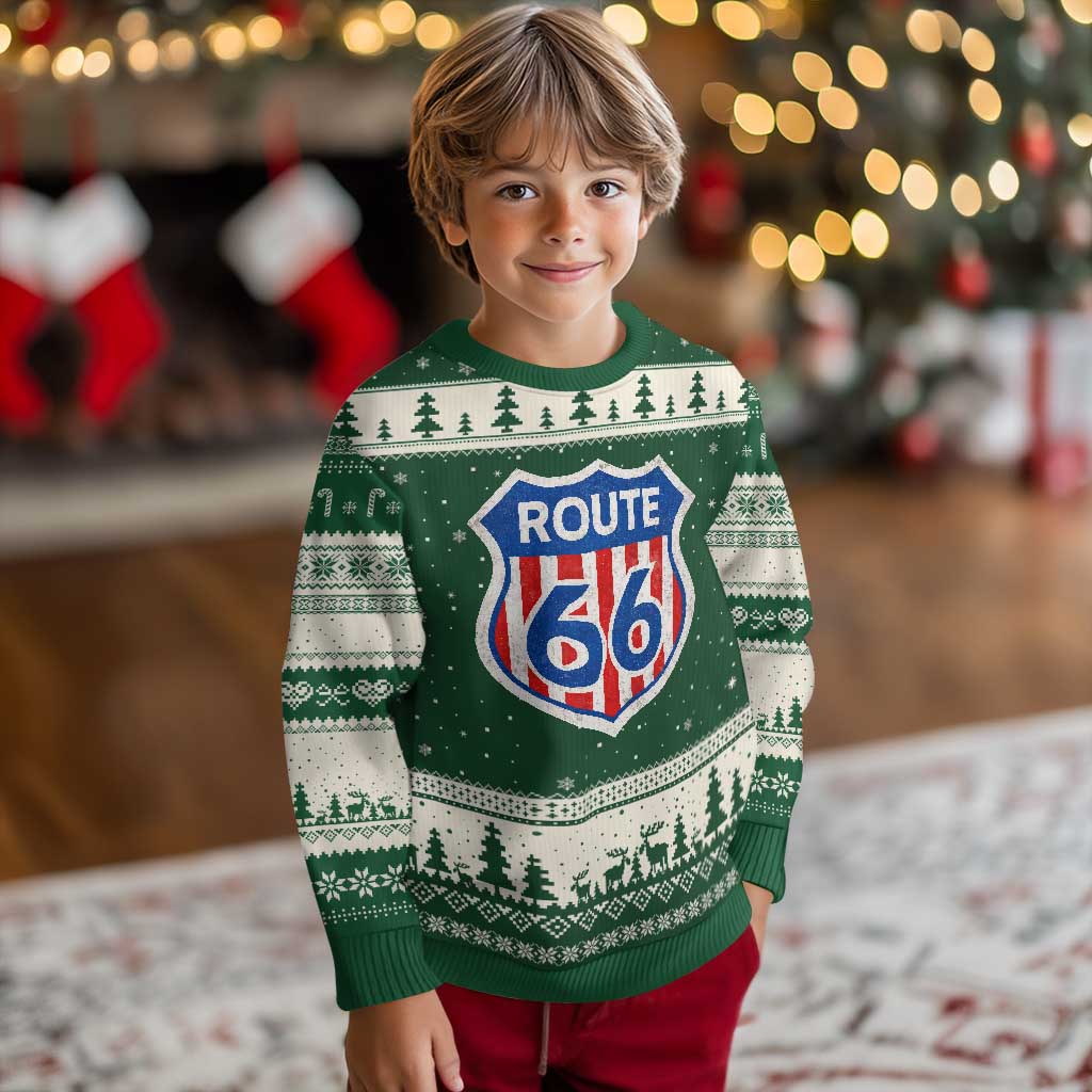 Vintage Route Highway 66 Historical Sign Distressed American Flag Road Trip Ugly Christmas Sweater
