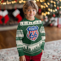 Vintage Route Highway 66 Historical Sign Distressed American Flag Road Trip Ugly Christmas Sweater