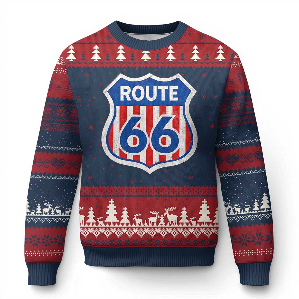 Vintage Route Highway 66 Historical Sign Distressed American Flag Road Trip Ugly Christmas Sweater