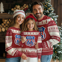 Vintage Route Highway 66 Historical Sign Distressed American Flag Road Trip Ugly Christmas Sweater