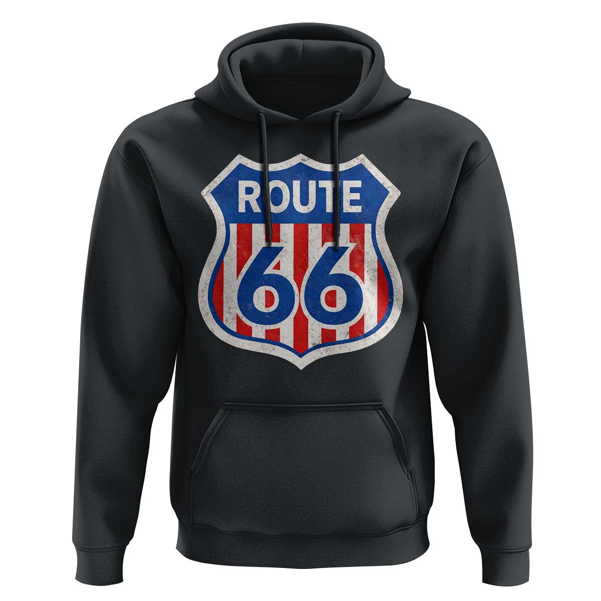 Vintage Route Highway 66 Historical Sign Distressed American Flag Road Trip Hoodie
