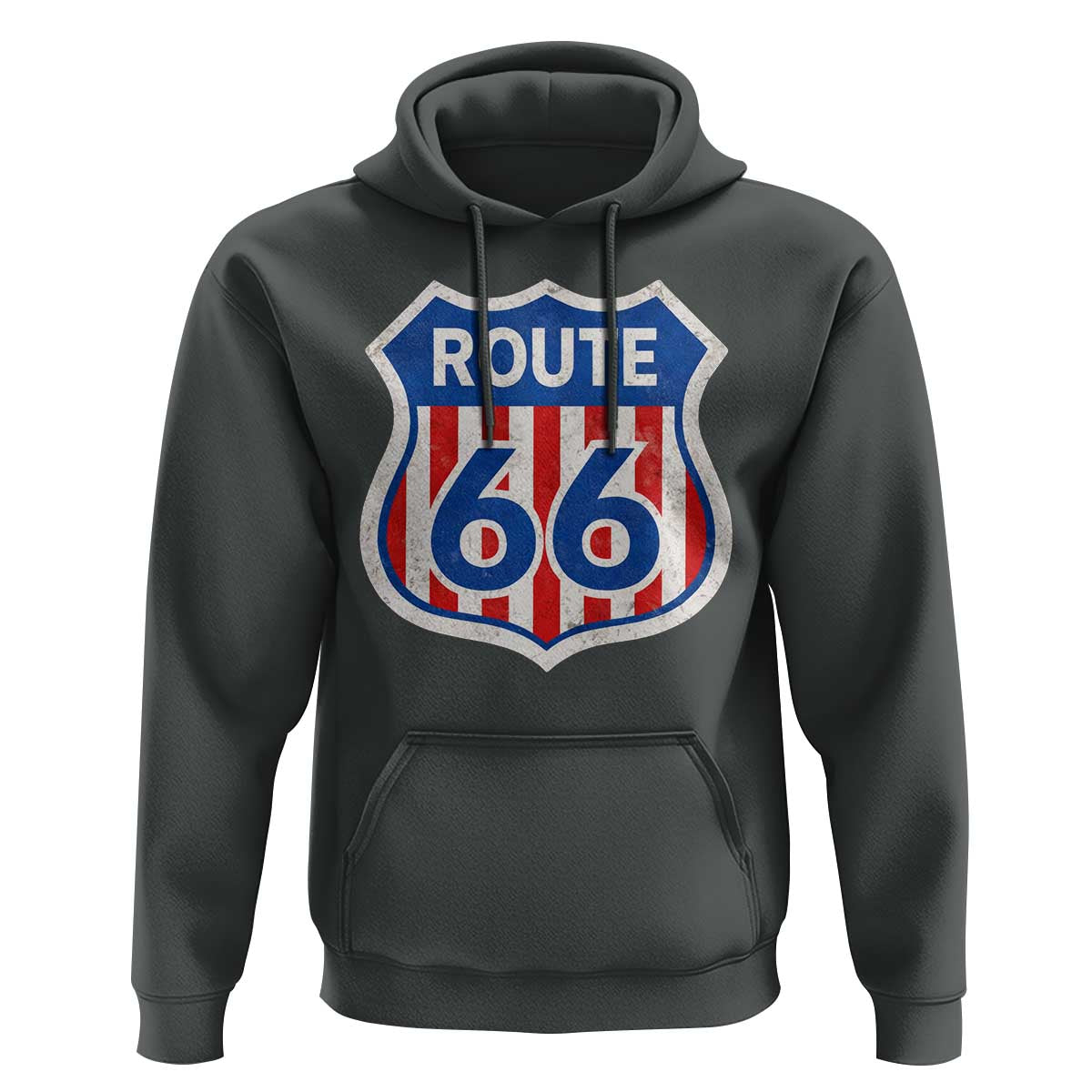Vintage Route Highway 66 Historical Sign Distressed American Flag Road Trip Hoodie