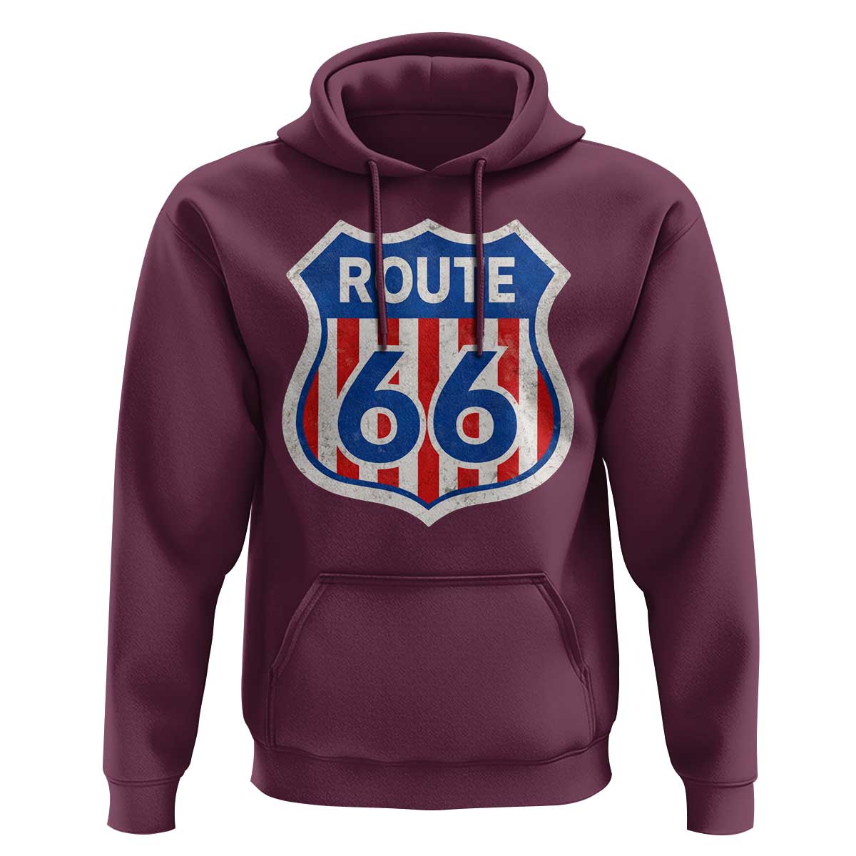 Vintage Route Highway 66 Historical Sign Distressed American Flag Road Trip Hoodie