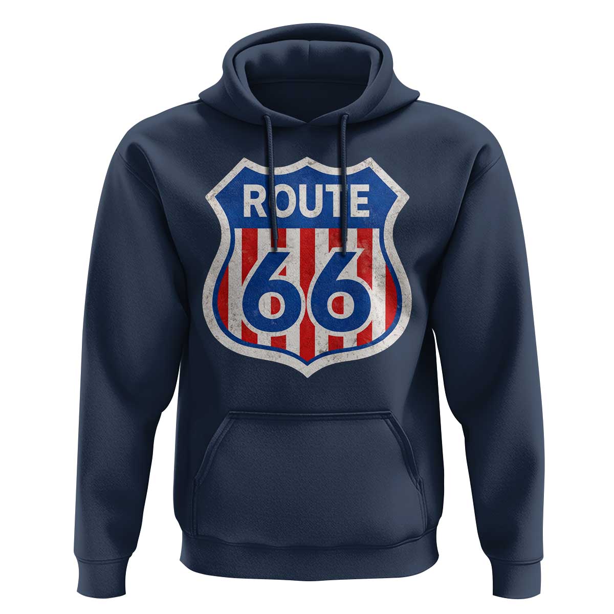 Vintage Route Highway 66 Historical Sign Distressed American Flag Road Trip Hoodie