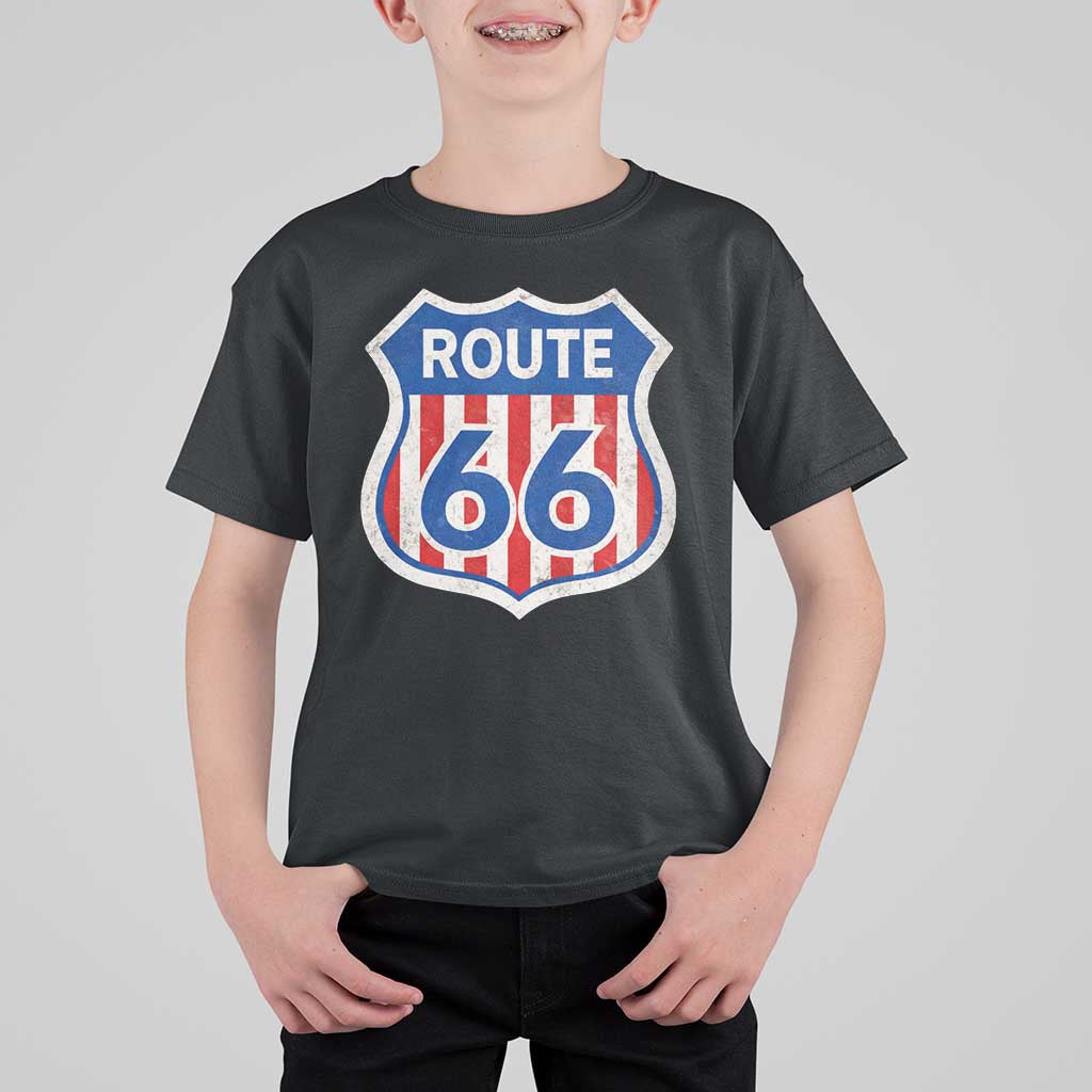 Vintage Route Highway 66 Historical Sign Distressed American Flag Road Trip T Shirt For Kid
