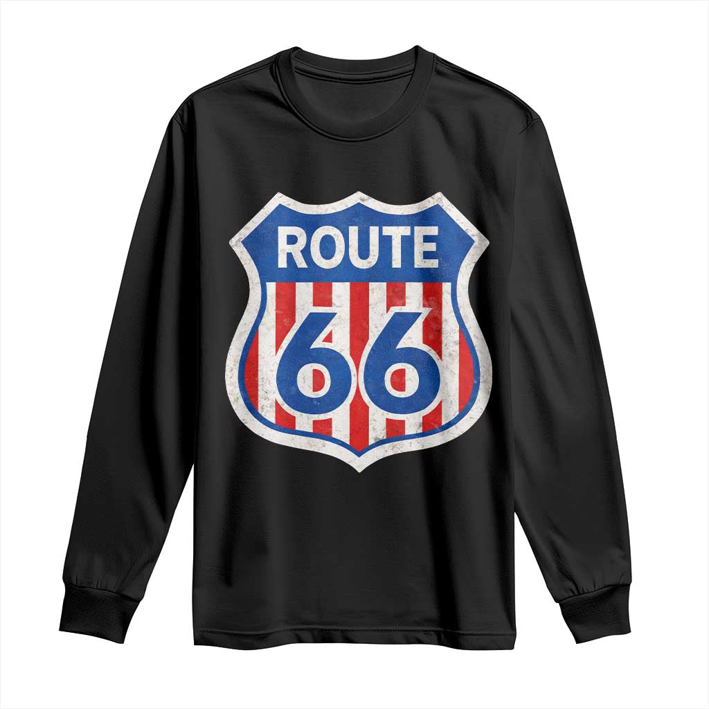 Vintage Route Highway 66 Historical Sign Distressed American Flag Road Trip Long Sleeve Shirt