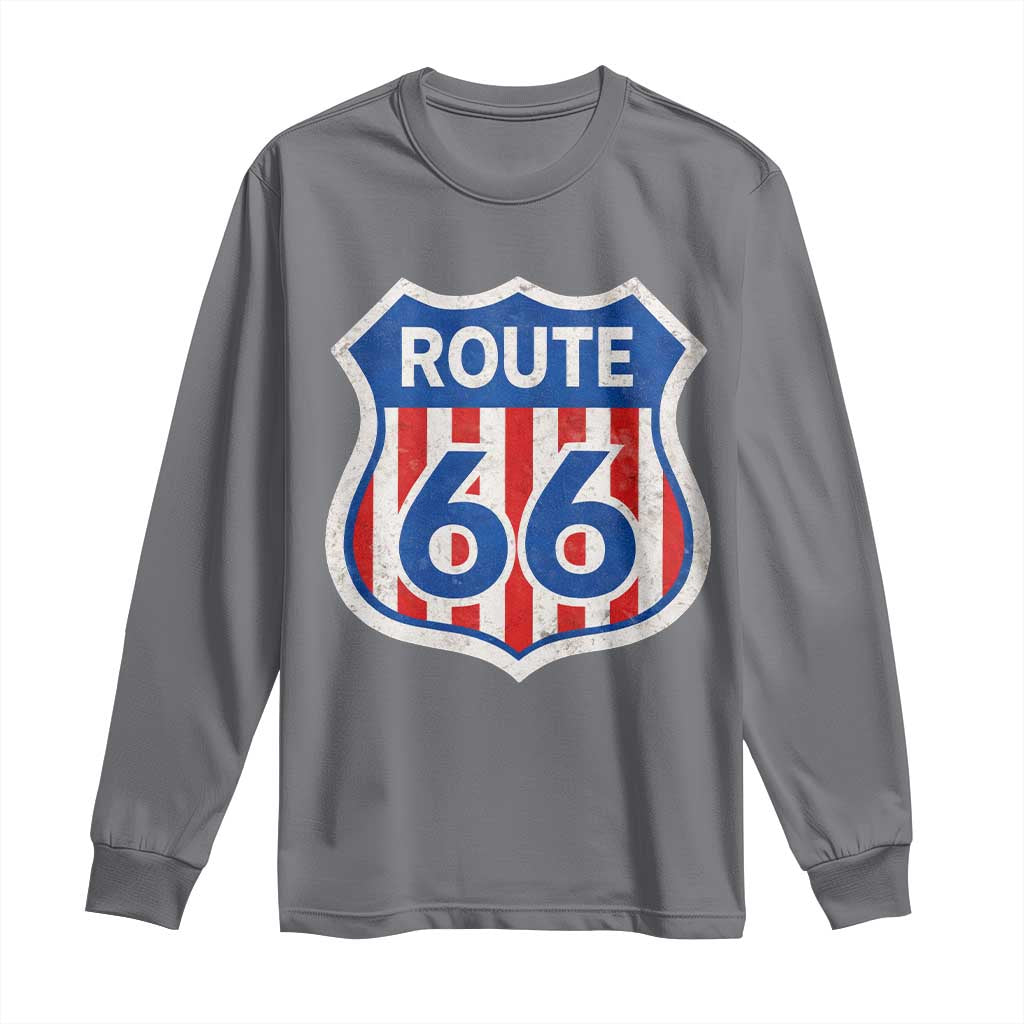 Vintage Route Highway 66 Historical Sign Distressed American Flag Road Trip Long Sleeve Shirt