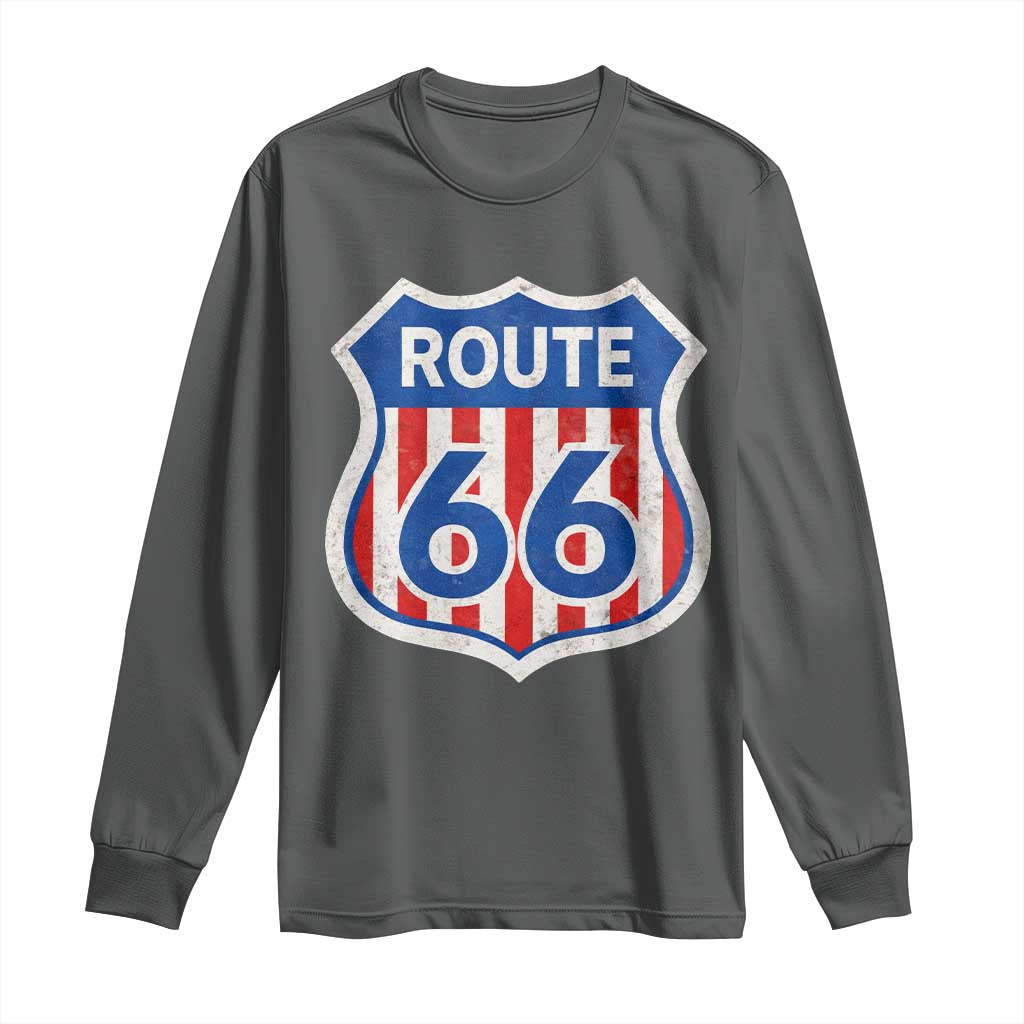 Vintage Route Highway 66 Historical Sign Distressed American Flag Road Trip Long Sleeve Shirt
