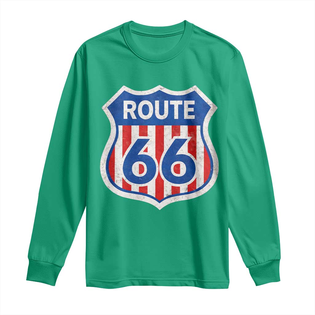 Vintage Route Highway 66 Historical Sign Distressed American Flag Road Trip Long Sleeve Shirt