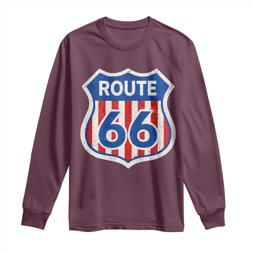 Vintage Route Highway 66 Historical Sign Distressed American Flag Road Trip Long Sleeve Shirt