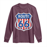 Vintage Route Highway 66 Historical Sign Distressed American Flag Road Trip Long Sleeve Shirt