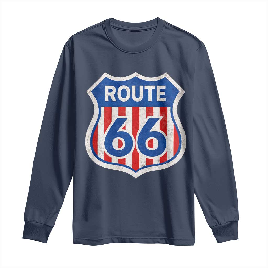 Vintage Route Highway 66 Historical Sign Distressed American Flag Road Trip Long Sleeve Shirt