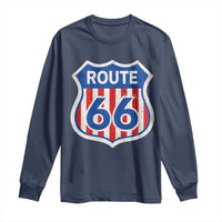 Vintage Route Highway 66 Historical Sign Distressed American Flag Road Trip Long Sleeve Shirt