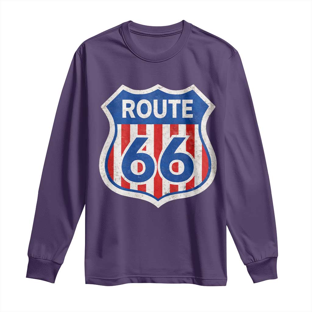 Vintage Route Highway 66 Historical Sign Distressed American Flag Road Trip Long Sleeve Shirt