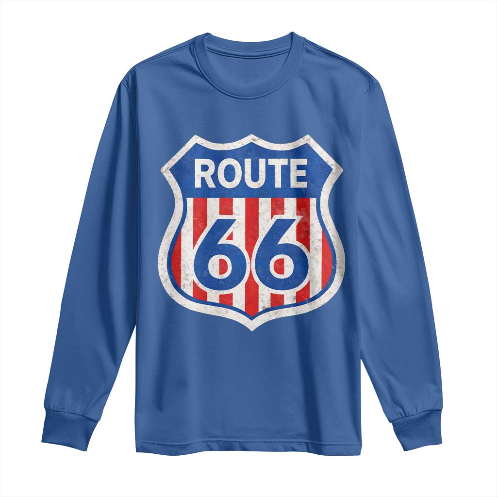 Vintage Route Highway 66 Historical Sign Distressed American Flag Road Trip Long Sleeve Shirt
