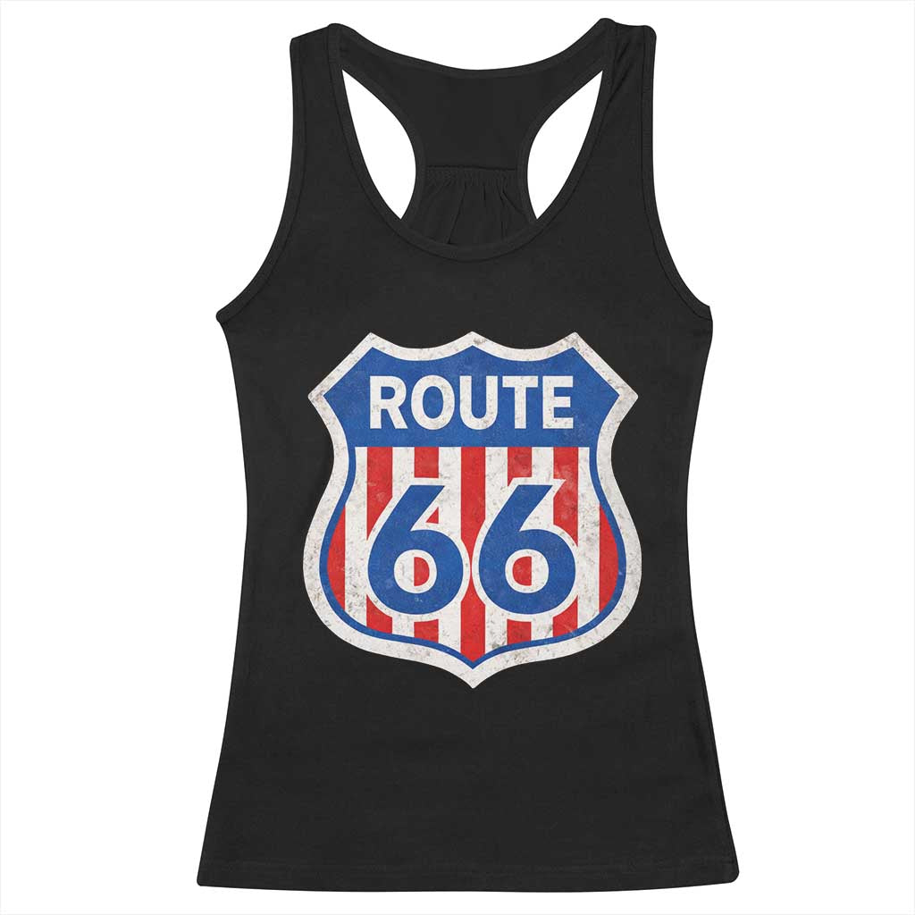 Vintage Route Highway 66 Historical Sign Distressed American Flag Road Trip Racerback Tank Top
