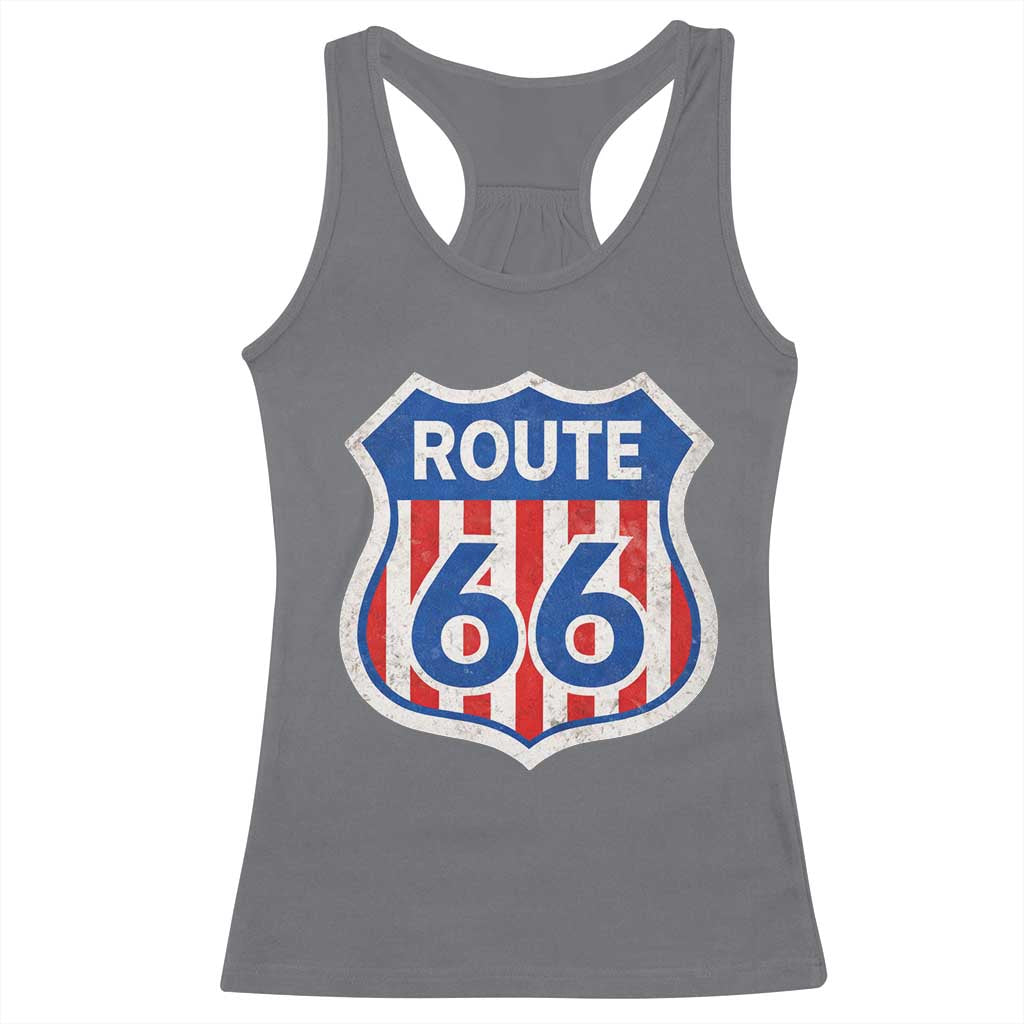 Vintage Route Highway 66 Historical Sign Distressed American Flag Road Trip Racerback Tank Top
