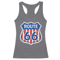 Vintage Route Highway 66 Historical Sign Distressed American Flag Road Trip Racerback Tank Top