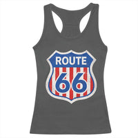 Vintage Route Highway 66 Historical Sign Distressed American Flag Road Trip Racerback Tank Top