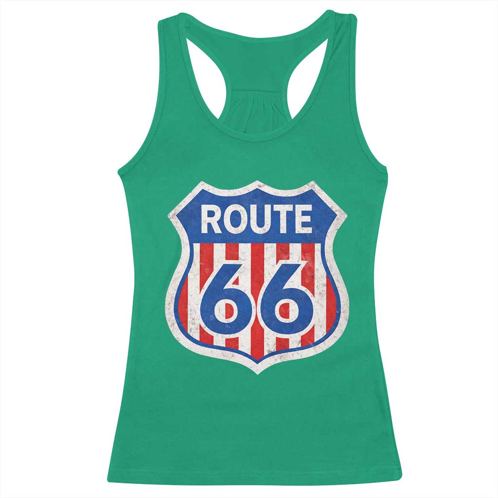 Vintage Route Highway 66 Historical Sign Distressed American Flag Road Trip Racerback Tank Top