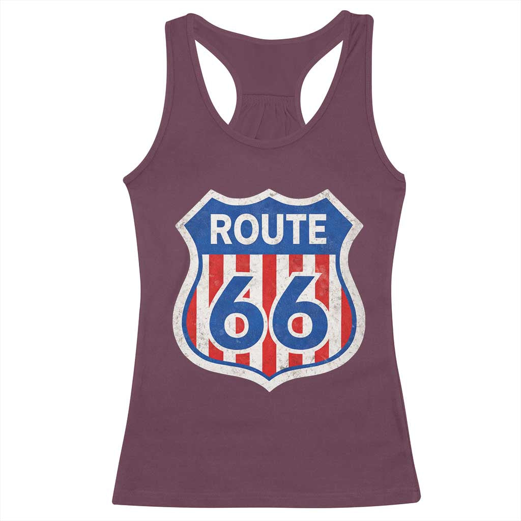 Vintage Route Highway 66 Historical Sign Distressed American Flag Road Trip Racerback Tank Top
