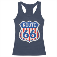 Vintage Route Highway 66 Historical Sign Distressed American Flag Road Trip Racerback Tank Top