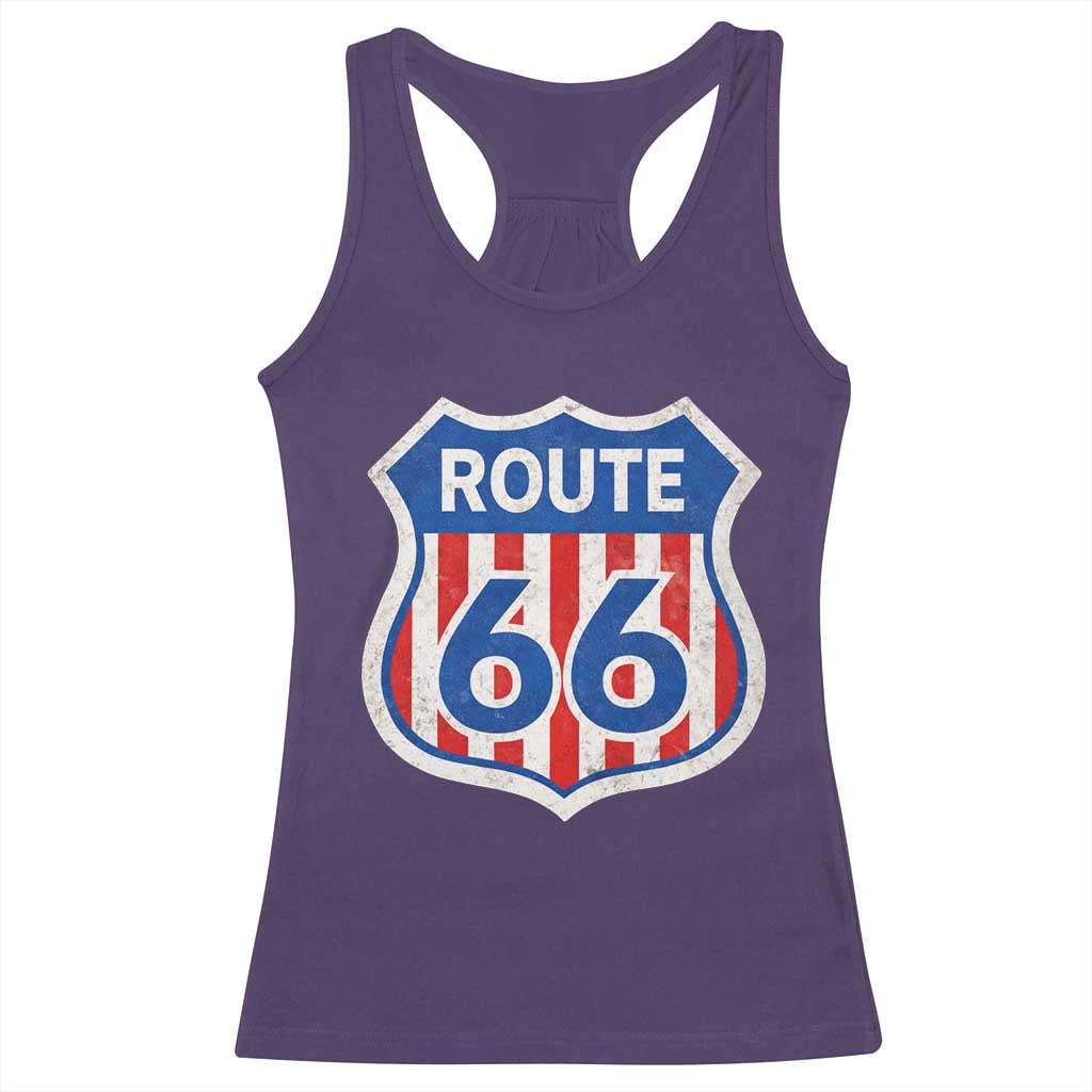 Vintage Route Highway 66 Historical Sign Distressed American Flag Road Trip Racerback Tank Top