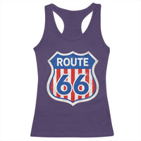Vintage Route Highway 66 Historical Sign Distressed American Flag Road Trip Racerback Tank Top