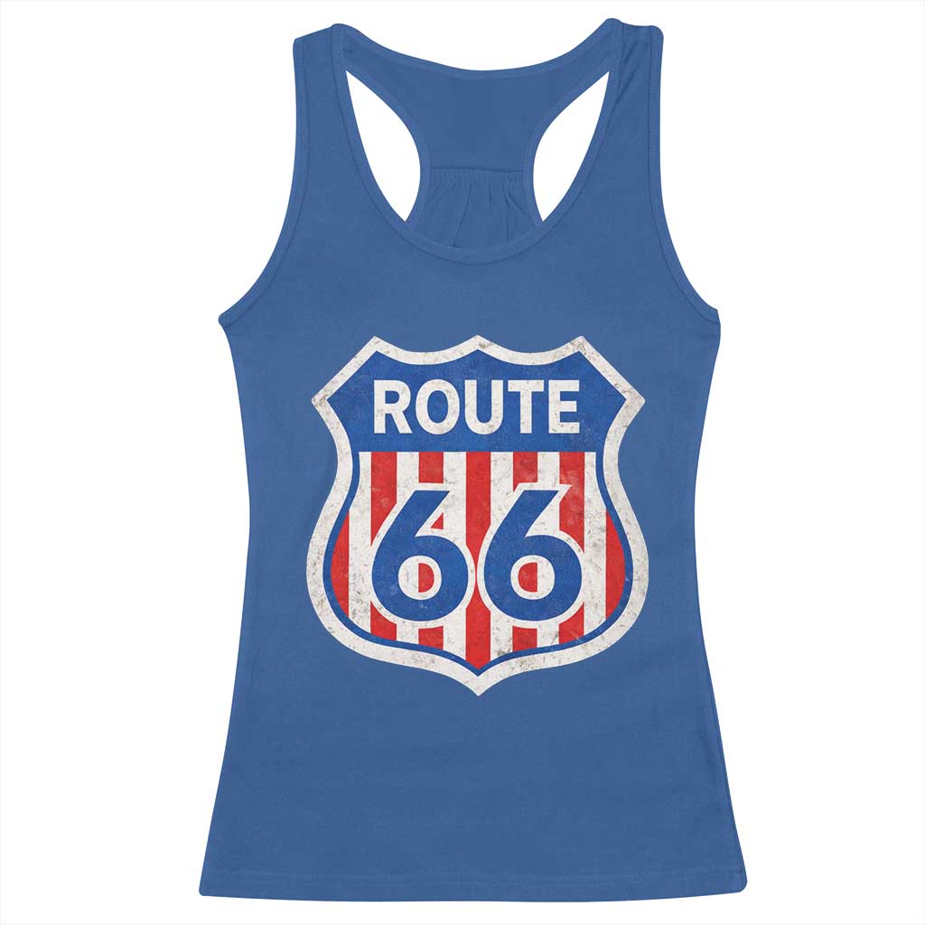 Vintage Route Highway 66 Historical Sign Distressed American Flag Road Trip Racerback Tank Top