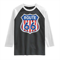 Vintage Route Highway 66 Historical Sign Distressed American Flag Road Trip Raglan Shirt
