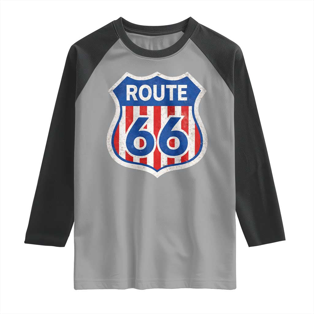 Vintage Route Highway 66 Historical Sign Distressed American Flag Road Trip Raglan Shirt