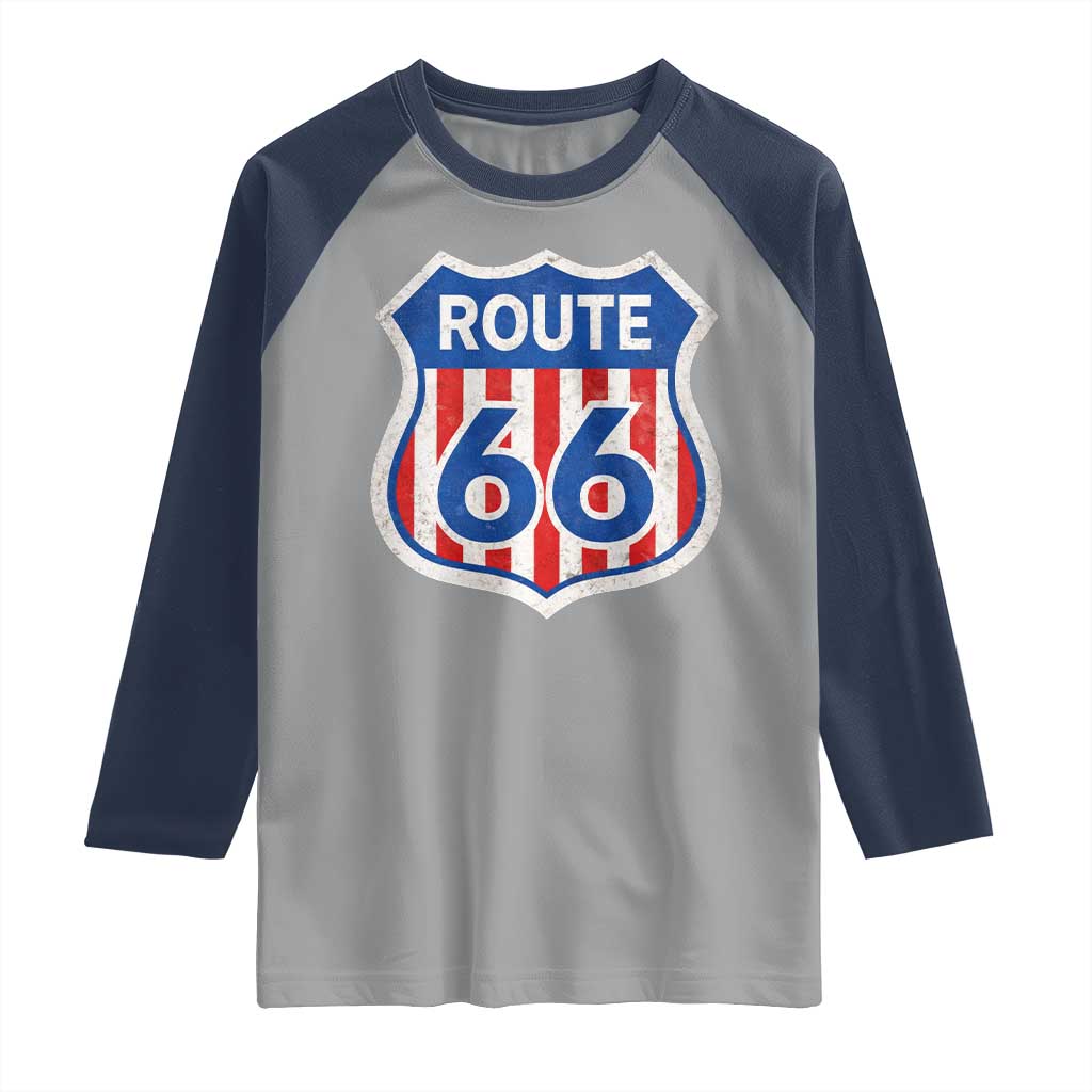 Vintage Route Highway 66 Historical Sign Distressed American Flag Road Trip Raglan Shirt