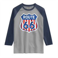 Vintage Route Highway 66 Historical Sign Distressed American Flag Road Trip Raglan Shirt