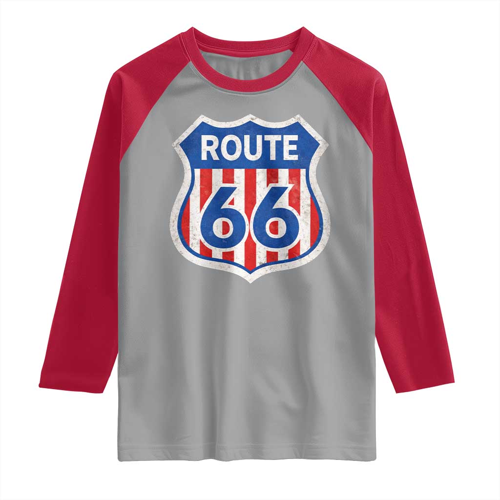 Vintage Route Highway 66 Historical Sign Distressed American Flag Road Trip Raglan Shirt