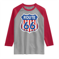 Vintage Route Highway 66 Historical Sign Distressed American Flag Road Trip Raglan Shirt
